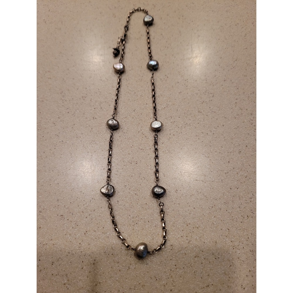 Grey freshwater Pearl Gunmetal Chain Necklace Metallic Long Strand